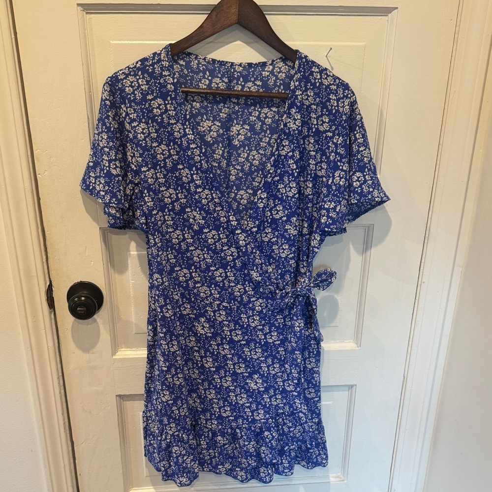 Blue and White Crepe Floral Wrap Dress